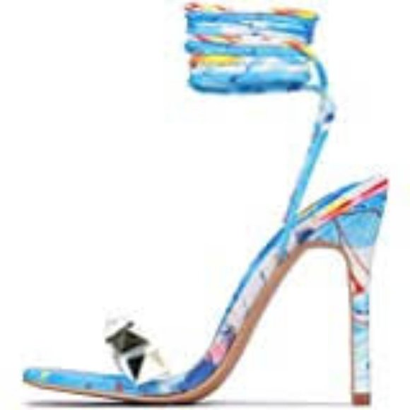 NWT CAPE ROBBIN AIGO GOLD STUDDED LACE UP HEELS PRINT 5.5‎ - Picture 5 of 8